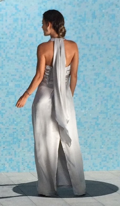 Silver Wrap neck Silk Satin Dress  - (50%OFF)