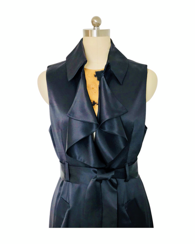 Black silk satin Sleeveless Ruffle Trench Coat  - (50% OFF )