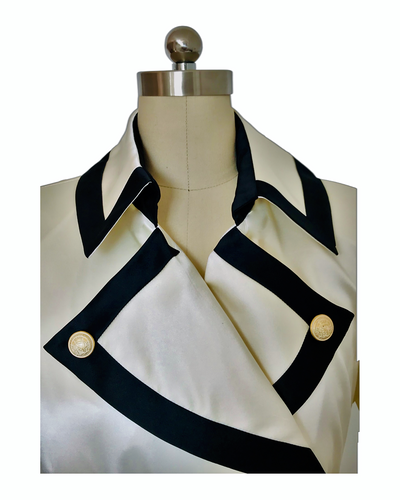 Ivory and Black Trim Military Style  Silk Satin Coat  - (50% OFF )