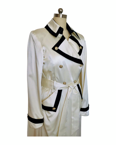 Ivory and Black Trim Military Style  Silk Satin Coat  - (50% OFF )