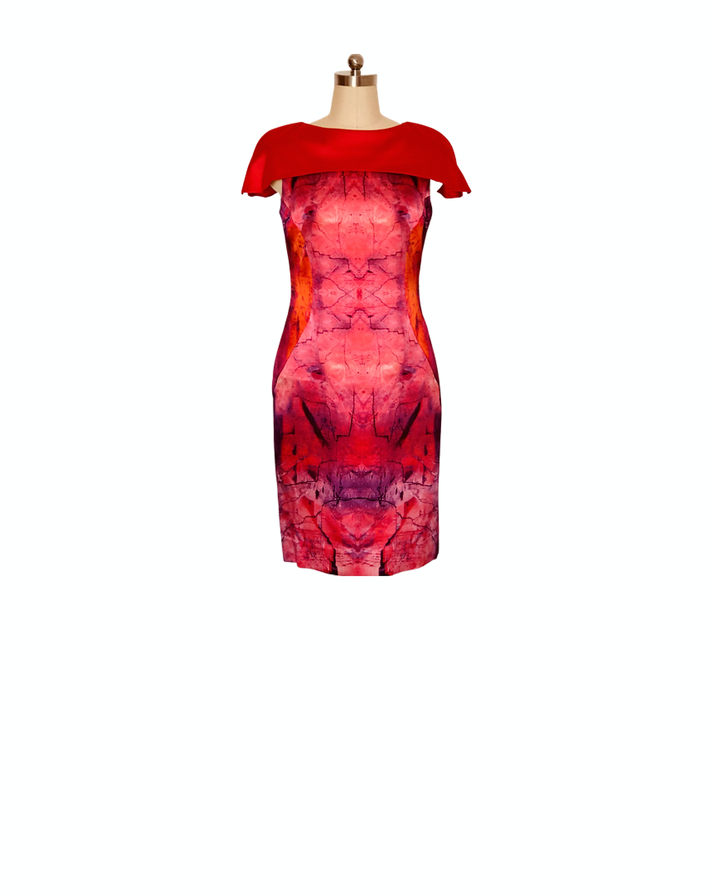 Crimson Calcite Print Silk Satin Cape Dress