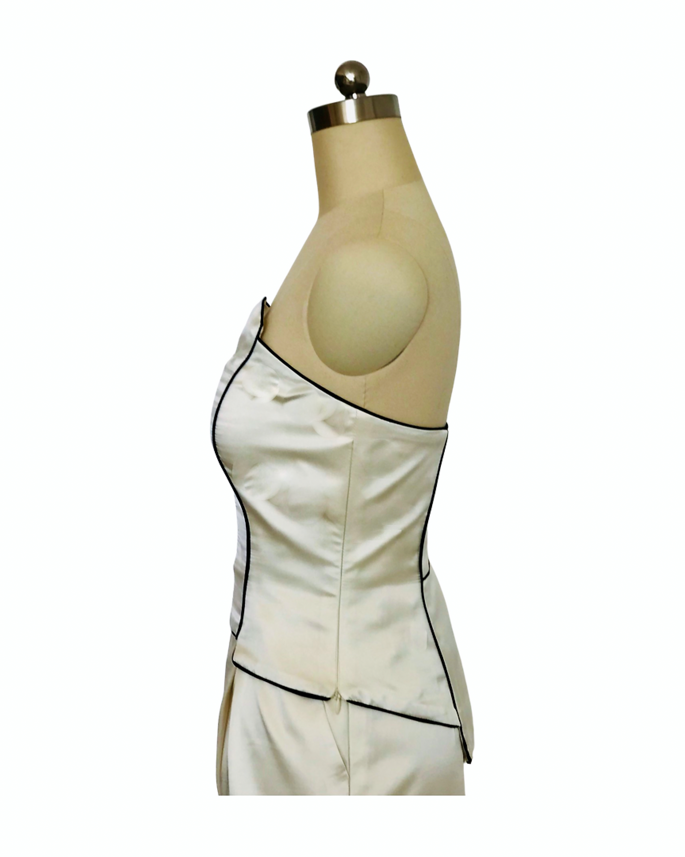 Ivory and Black Trim  Silk Satin Bustier  - ( 50% OFF )