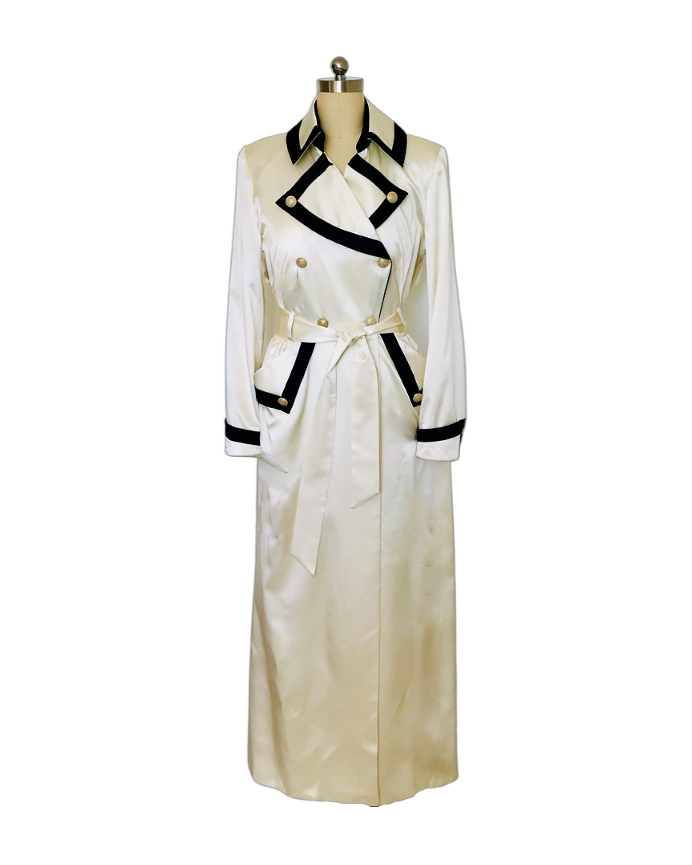 Ivory and Black Trim Military Style  Silk Satin Coat  - (50% OFF )