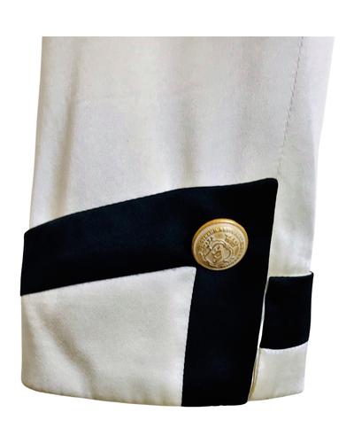Ivory and Black Trim Military Style  Silk Satin Coat  - (50% OFF )