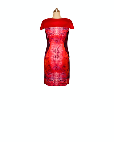 Crimson Calcite Print Silk Satin Cape Dress - (50%OFF)
