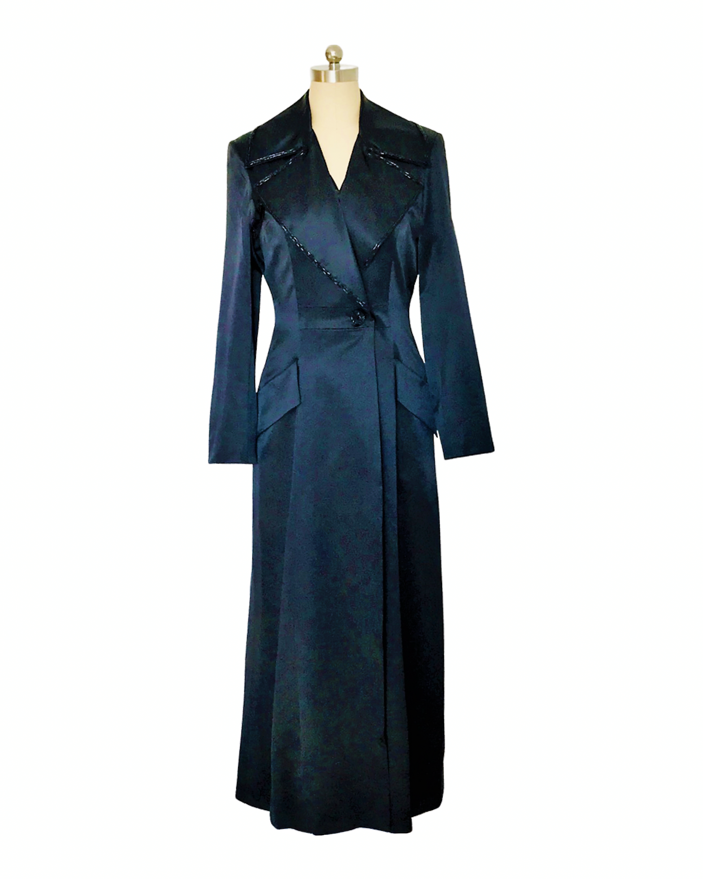 Black Beaded Collar Silk Satin Opera Coat - (50% OFF )