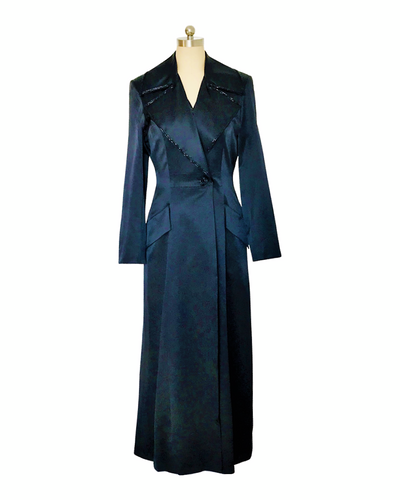 Black Beaded Collar Silk Satin Opera Coat - (50% OFF )