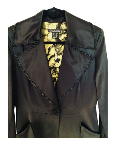 Black Beaded Collar Silk Satin Opera Coat - (50% OFF )