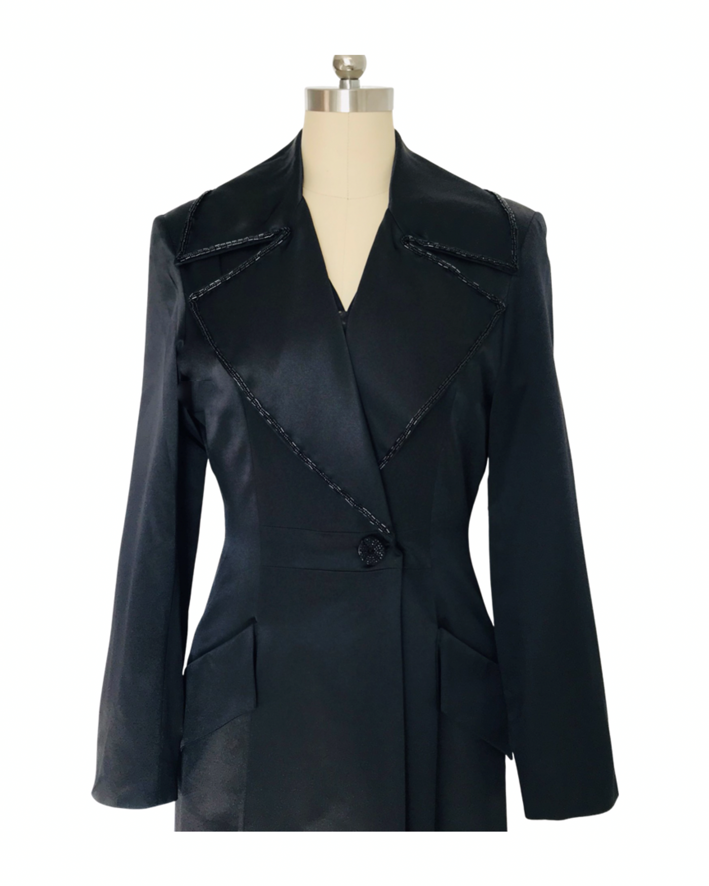 Black Beaded Collar Silk Satin Opera Coat - (50% OFF )