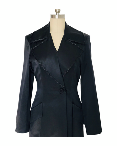 Black Beaded Collar Silk Satin Opera Coat - (50% OFF )