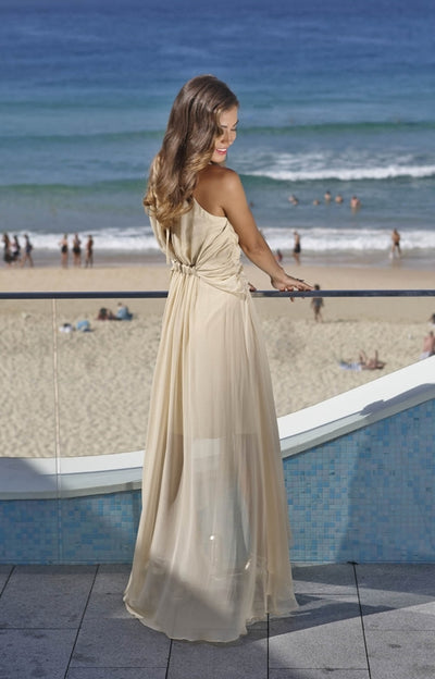 Champagne Pearl Beaded Silk Chiffon Dress  - (50%OFF)